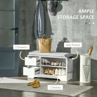 HOMCOM Upholstered Shoe Storage Bench w/ Seat, Entrance Bench w/ Drawer Open Shelves and Pocket for Hallway, White(m-4)