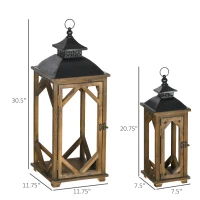 HOMCOM 2 Pack 31"/21" Large Rustic Lantern Decorations, Hanging Wooden Metal Indoor Covered Outdoor Lantern for Home Decor (No Glass), Black and Dark Wood Color(m-3)
