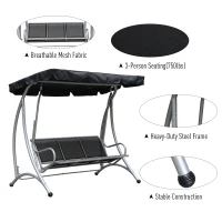 Outsunny 3-Seat Outdoor Porch Swing Chair, Patio Swing Glider with Adjustable Canopy, Breathable Seat, and Steel Frame for Garden, Poolside, Backyard, Black(m-5)