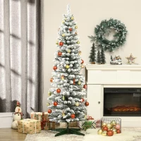 HOMCOM 6' Snow Flocked Artificial Pencil Christmas Tree, Slim Xmas Tree with Realistic Branches and Plastic Base Stand for Indoor Decoration, Green(m-10)