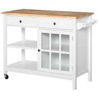 HOMCOM Rolling Kitchen Island with Storage, Kitchen Cart with Solid Wood Top, Glass Door Cabinet, Adjustable Shelf, Towel Rack, 2 Drawers for Dining Room, White(m-1)
