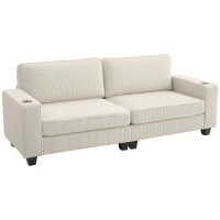HOMCOM Three Seater Sofa, Fabric 3 Seater Couch with Spring Cushion and Cup Holders for Living Room, Bedroom, Cream White(m-11)