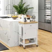 HOMCOM Kitchen Island on Wheels, Rolling Kitchen Cart with Rubberwood Top, Drawer, Wine Rack and Cabinet, White(m-2)