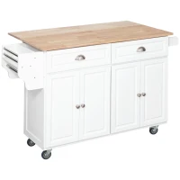 HOMCOM Kitchen Island with Storage, Rolling Kitchen Island with Drop Leaf, Rubber Wood Top and Adjustable Shelves, White(m-2)