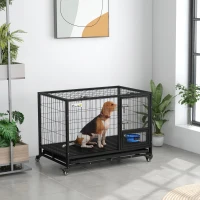 PawHut 43" Heavy Duty Dog Kennel w/ Bowl Holder, Wheels, Openable Top, Removable Tray for Medium & Large Dogs, Black(m-10)
