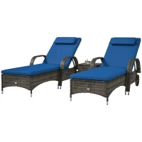 Outsunny Patio Wicker Chaise Lounge Chair Set of 2 with Table, Adjustable Backrest, Wheels, Cushion & Headrest, Blue(m-1)