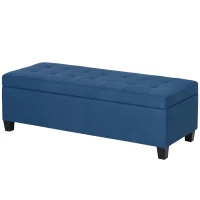 HOMCOM Rectangular Entry Bench, Tufted Upholstered Linen Fabric Wood Feet Storage Ottoman Bench, Blue(m-2)