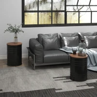 HOMCOM Round Storage Ottoman Set of 2, Nesting Ottomans with Wooden Lid, Metal Frame and Hidden Storage Space for Bedroom(m-10)