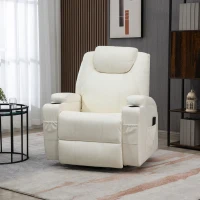 HOMCOM Massage Recliner Chair, Swivel Nursery Rocker Chair, Manual Reclining Sofa with 8 Vibration Points, PU Leather, Cup Holders, Side Pockets, for Living Room, Cream White(m-8)
