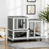 PawHut Three Story Wooden Rabbit Cage Bunny Hutch, Gray(m-10)