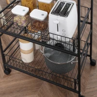 HOMCOM 3 Tier Rolling Kitchen Cart with Storage, Kitchen Island Cart on Wheels with 2 Sliding Fruit Basket, Microwave Cart with Side Hooks for Dining Room, Walnut(m-9)