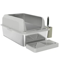 PawHut Stainless Steel Litter Box with Metal Scoop & Scoop Holder, High Sided, Anti-Urine Leakage, Non-Sticky(m-1)