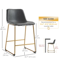 HOMCOM Counter Height Stools Set of 2, PU Leather Upholstered Stools for Kitchen Island, Modern Bar Chairs, Dark Grey(m-3)