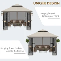 Outsunny 10'x10' Soft-top Patio Gazebo with Double Tier Roof, Mesh Curtains, Display Shelves, Top Hooks, Beige(m-5)