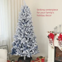 HOMCOM 7ft Flocked Blue Christmas Tree, Artificial Christmas Tree with Hinged Design, Faux Snow, for Home Office Holiday Xmas(m-4)