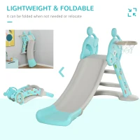 Qaba 2 in 1 Kids Slide with Basketball Hoop, Foldable Toddler Freestanding Slider Playset, for 18 months -4 Years Deer Shaped, Includes Basketball, Pump - Blue(m-8)