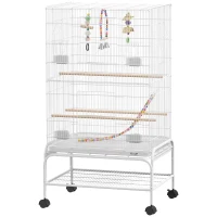 PawHut 43" Bird Cage with Rolling Stand, Toys, for Budgies Canaries White(m-2)