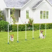 PawHut Adjustable Dog Agility Training Obstacle Set with Weaves Poles and Storage Bag for Pet Dogs Outdoor Games Exercise Blue and White(m-8)