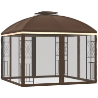 Outsunny 10' x 10' Patio Gazebo with Corner Shelves, Double Roof Outdoor Gazebo Canopy Shelter with Removable Mesh Netting, for Garden, Lawn, Backyard and Deck, Brown(m-11)