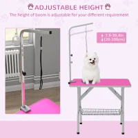 PawHut Foldable Grooming Table for Dogs with Height Adjustable Grooming Arm, Storage Shelf, Pink(m-5)