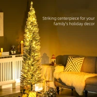 HOMCOM 7ft Pencil Christmas Tree, Slim Artificial Christmas Tree with Realistic Branches and Warm White LED Lights, Green(m-4)