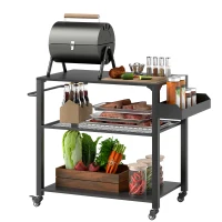 Outsunny 3-Tier Outdoor Grill Dining Cart with Storage Rack, Pizza Oven Stand with Side Handle, 4 Wheels for Backyard Party(m-11)
