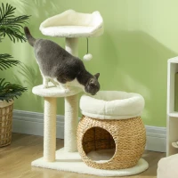 PawHut 31" Cat Tree Tower with Scratching Posts, Cat Condo, Beds, Platform, Toy Ball, for Indoor Cats, Cream White(m-10)