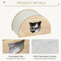 PawHut Wooden Cat House Kitten Condo with Cat-Shaped Entrance Sisal Scratching Carpet Soft Cushion, Natural(m-6)