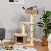 PawHut Cat tree Tower Climbing Kitten Activity Center Furniture with Sisal Scratching Post Rattan Condo Perch Hanging Balls 23.5" x 15.75" x 43"(m-1)