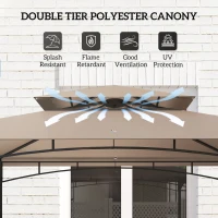 Outsunny 8' x 5' Grill Gazebo, Double Tiered Barbecue Grill Gazebo Shelter with Side Awning, 2 Side Shelves, 6 Hooks, Khaki(m-5)