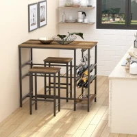 HOMCOM 3 Pieces Bar Table Set, Counter Height Table with 8-bottle Wine Rack and Cup Holder, 2 Stools with Metal Frame for Kitchen, Dining Room, Living Room, Pub(m-8)