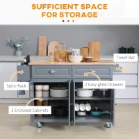 HOMCOM Rolling Kitchen Island on Wheels Utility Cart with Drop-Leaf and Rubber Wood Countertop, Storage Drawers, Door Cabinets, Grey(m-5)