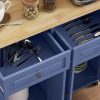 HOMCOM Kitchen Island with Storage, Rolling Trolley Cart with Rubber Wood Top, Spice Rack, Towel Rack, Navy Blue(m-10)