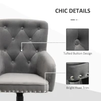 HOMCOM Modern Mid-back Desk Chair with Button Tufted Velvet Back, Nailhead Trim, Swivel Home Office Chair with Adjustable Height, Curved Padded Armrests, Gray(m-6)