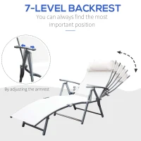 Outsunny Chaise Lounge Foldable Outdoor Chair, Portable, 7-Position Adjustable Reclining Tri-fold Chair for Camping, Sunbathing & Tanning at the Beach, Swimming Pool with Pillow, Cream White(m-4)