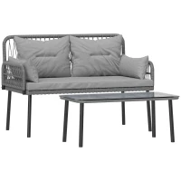 Outsunny 2 Pieces Wicker Patio Furniture Set, Small Patio Seat with Outdoor Loveseat, Glass Top Table and Cushions, Light Grey(m-11)