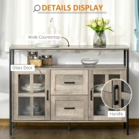 HOMCOM Industrial Sideboard Buffet Cabinet, Coffee Bar Cabinet with Adjustable Shelves, Glass Doors, and 2 Drawers for Kitchen, Living Room, Gray(m-6)