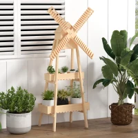 Outsunny Outdoor Plant Stand, 2 Tier Wood Flower Stand with Windmill, Garden Decor Plant Shelf with Built-in Mini Bird House, Great for Indoor/Outdoor(m-9)