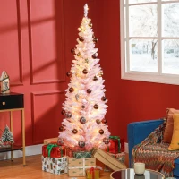HOMCOM 6ft Pencil Christmas Tree, Slim Artificial Christmas Tree with Realistic Branches and Warm White LED Lights, Pink(m-2)