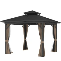 Outsunny 10' x 10' Hardtop Gazebo, Sun Shelter with Double Tier Metal Roof, Mosquito Netting, and Hanging Hook, Dark Brown(m-2)