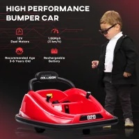 Aosom 12V Kids Bumper Car, 360° Rotation Electric Ride On Car, Twins Motor Battery Powered Toy, w/ Parent Remote Control, Safety Belt, Colorful LED Lights,, Red(m-4)