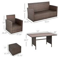 Outsunny Patio Dining Set, PE Rattan Furniture w/ 2 Chairs, Cushions & 3-Seat Sofa, Woodgrain Slatted Dinner Table, Beige(m-3)