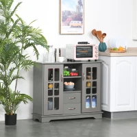 HOMCOM Modern Kitchen Sideboard with 2 Drawers, Coffee Bar Cabinet with Glass Doors Storage Cupboard and Open Shelf, Grey(m-8)