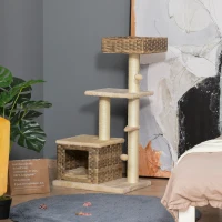 PawHut Cat tree Tower Climbing Kitten Activity Center Furniture with Sisal Scratching Post Rattan Condo Perch Hanging Balls 23.5" x 15.75" x 43"(m-8)