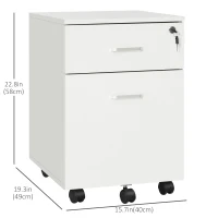 Vinsetto 2 Drawer File Cabinet with Lock and Keys, Mobile Vertical Filing Cabinet with Wheels and Drawers, Home Office Cabinet, White(m-3)