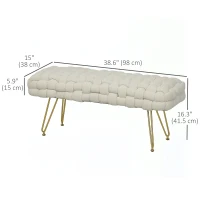 HOMCOM Upholstered Velvet End of Bed Bench 39" Woven End of Bed Bench with Gold Metal Legs for Entryway, Cream White(m-3)