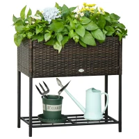Outsunny Raised Garden Bed, Elevated Planter Box with Rattan Wicker Look, Tool Storage Shelf, Portable Design for Herbs, Vegetables, Flowers, Brown(m-11)