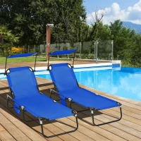 Outsunny 2 Piece Folding Outdoor Chaise Lounges, Pool, Sun, Tanning Chairs with Reclining Back, Sunshade for Beach, Patio, Blue(m-8)