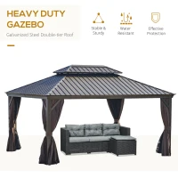 Outsunny 12' x 16' Hardtop Gazebo with Curtains and Netting, Permanent Pavilion Metal Double Roof Gazebo Canopy with Aluminum Frame and Hooks, for Garden, Patio, Backyard, Brown(m-4)