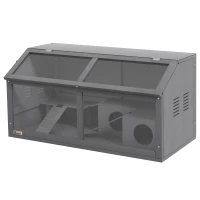 PawHut Rat Cage, Hamster Cage Wooden with Suspension Bridge, Ladders, Openable Top, Hut, Platform, for Gerbils Mice, Dark Grey(m-2)